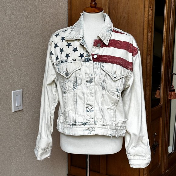 Blank NYC Distressed American Flag Denim Jacket Medium - Picture 7 of 17